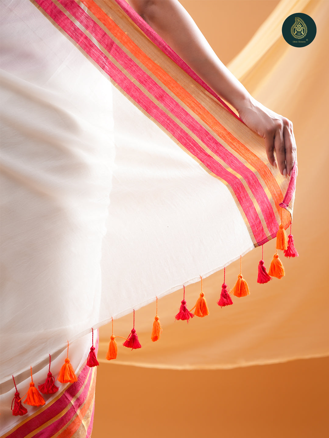 Ivory Mul Cotton Saree with Pink Orange & Gold Striped Border For women