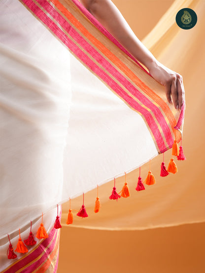 Ivory Mul Cotton Saree with Pink Orange & Gold Striped Border For women