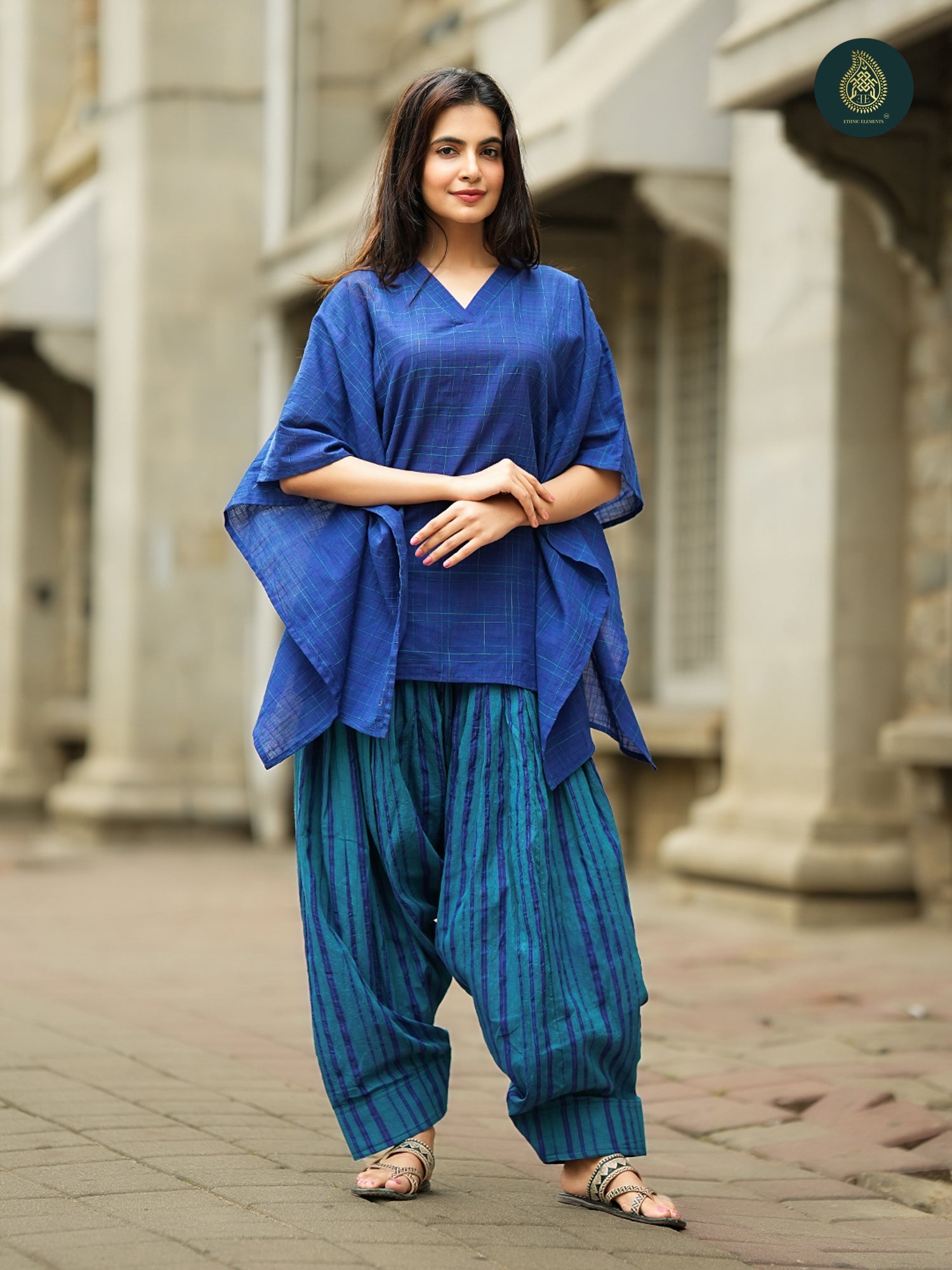Royal Blue Handloom Cotton kaftan Top & Striped  farsi salwar For Women