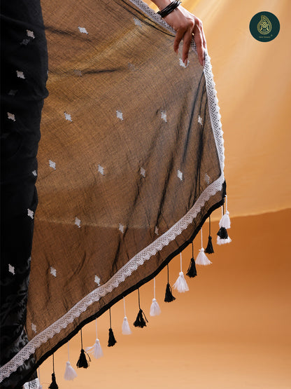 Black - Embroidery Mul Cotton Saree with Soft Tassel Finish