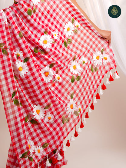 Crimson Red Checked Mul Cotton Saree with Hand-Painted Daisies