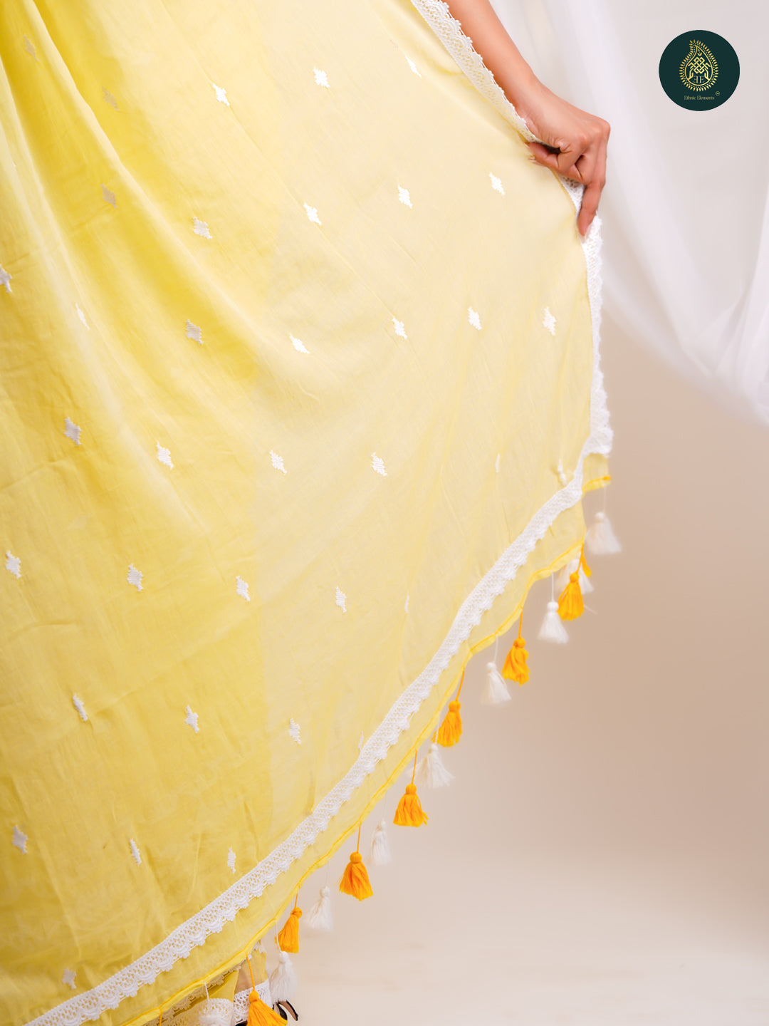 Luminous Yellow - Jamdani Embroidery Mul Cotton Saree with Soft Tassel Finish