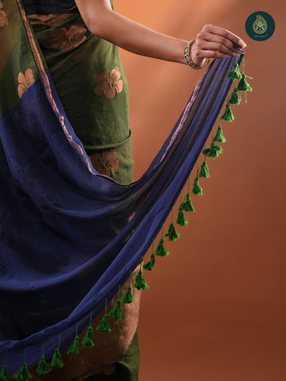 Olive Green Mul Cotton Saree with Copper Zari Floral Buttis & Indigo Pallu For Women