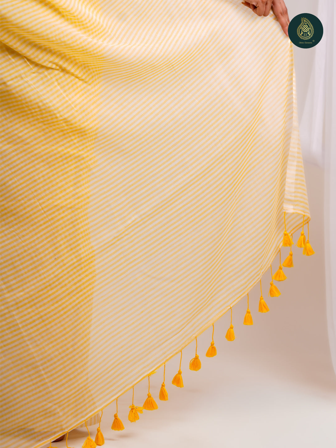 Fresh Yellow - Mul Cotton Saree with White Stripe Design
