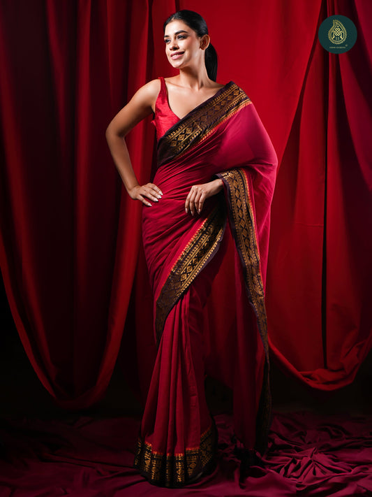 Crimson Red Mul Cotton Saree with Black & Gold Woven Border For Women