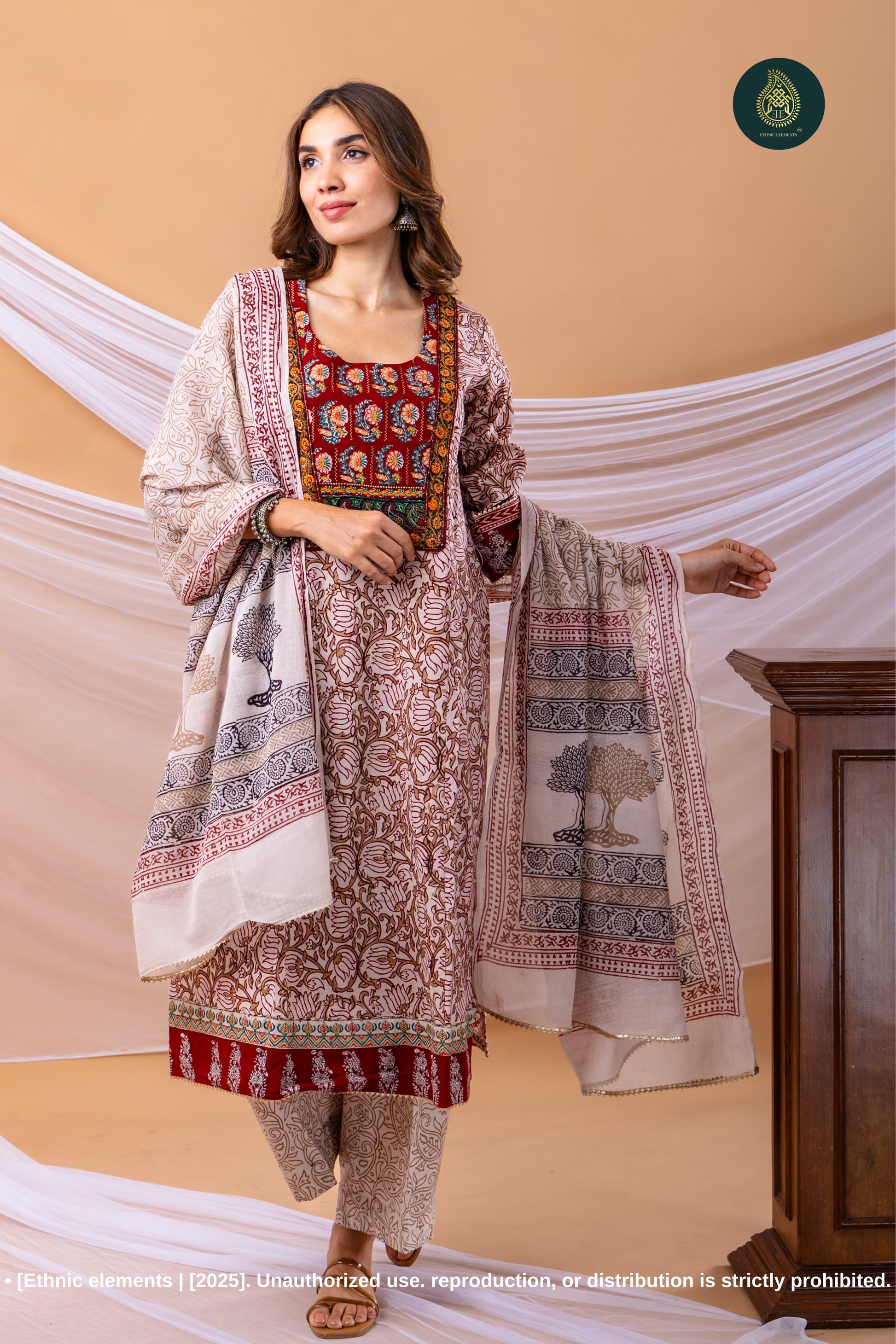 Embroidered Bagh Print Cotton Stitched 3pc Suit Set - Riwaaz