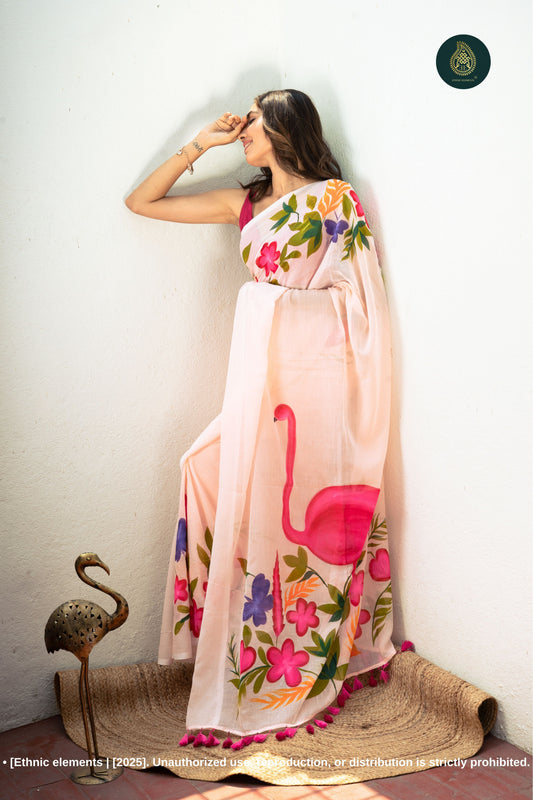 Chitramay - Hand Painted Mul Cotton Saree - Gulabi Rajhans