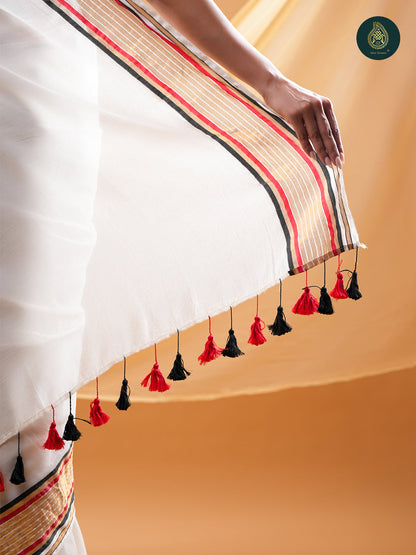 Off White Mul Cotton Saree with Woven Zari Border & Contrast Tassel Pallu