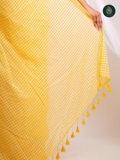 Sunshine Yellow Gingham Checks Mul Cotton Saree