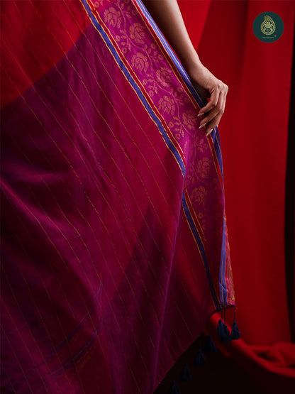Rani Pink Mul Cotton Saree with Purple Contrast Pallu & Woven Border For Women