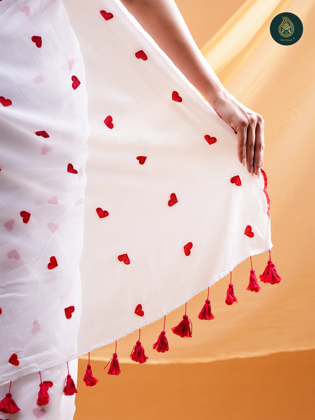 White Mul Cotton Saree with Red Heart Embroidery & Scalloped Border For women