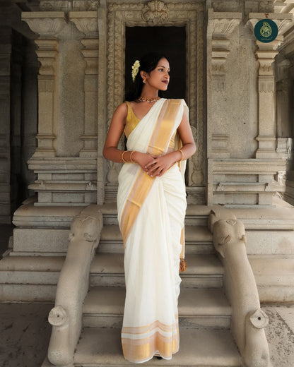 Classic Ivory Kasavu Mul Cotton Onam Saree with Golden Zari Border