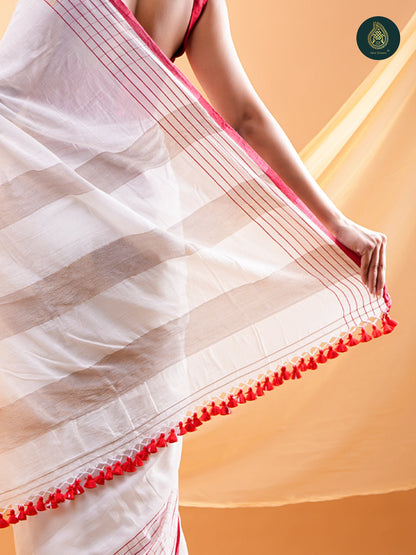 Elegant Red & White Colour Mul Cotton Saree with Striped