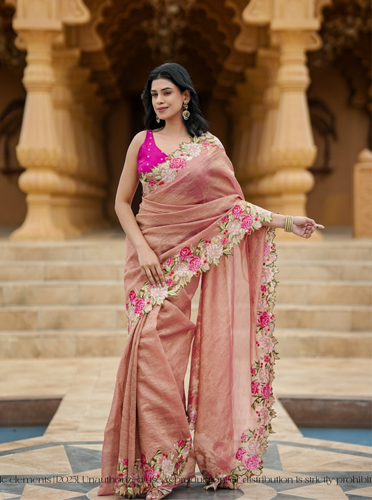 Pink Crushed Tissue Saree With Embroidery