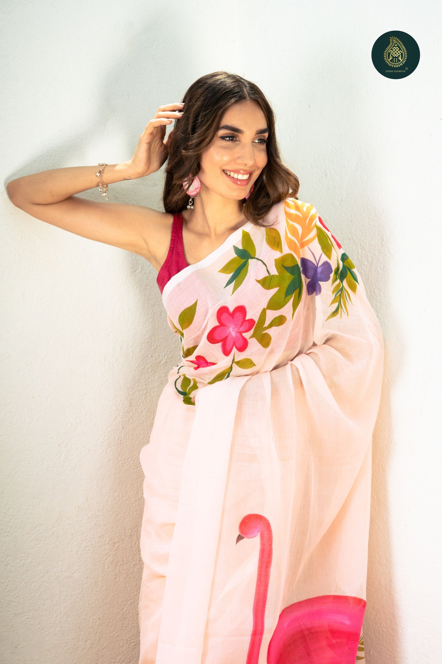 Chitramay - Hand Painted Mul Cotton Saree - Gulabi Rajhans