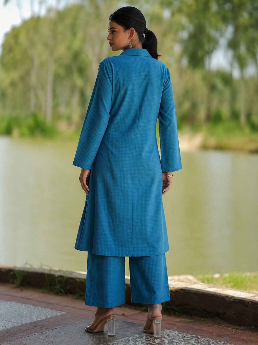 Stitched 2Pc Cotton Suit Set - Aqua Grid