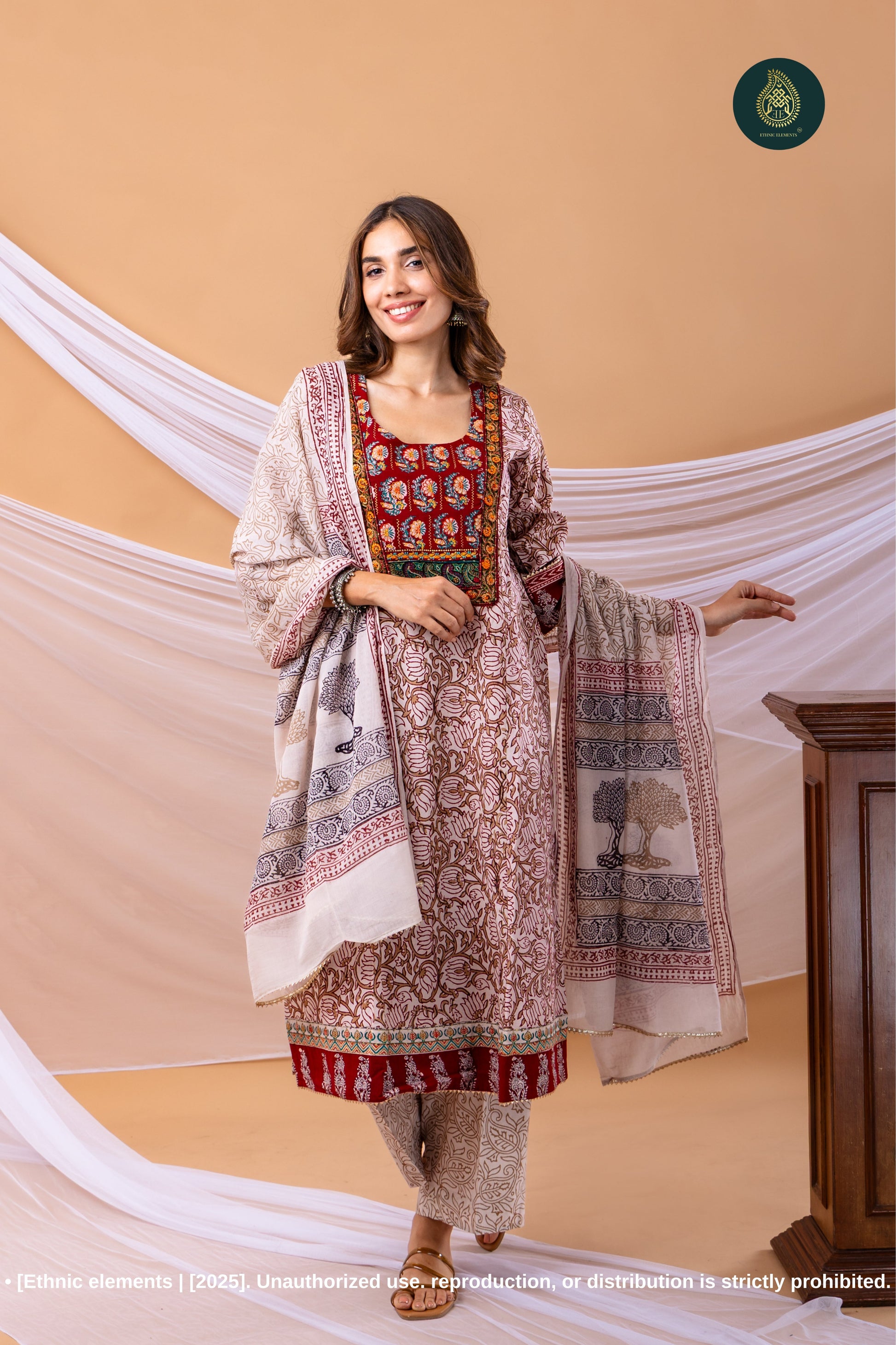 Embroidered Bagh Print Cotton Stitched 3pc Suit Set - Riwaaz