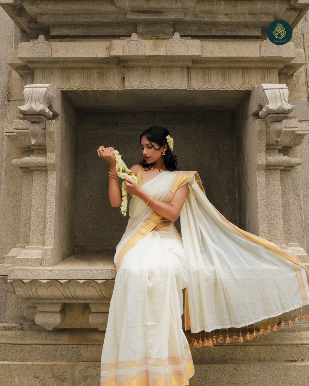 Classic Ivory Kasavu Mul Cotton Onam Saree with Golden Zari Border