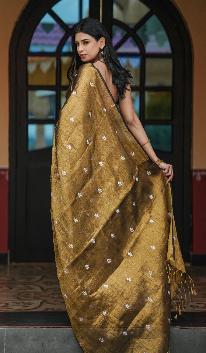 Mul Cotton Tissue Shiuli Saree - Golden Olive
