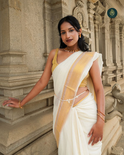 Classic Ivory Kasavu Mul Cotton Onam Saree with Golden Zari Border