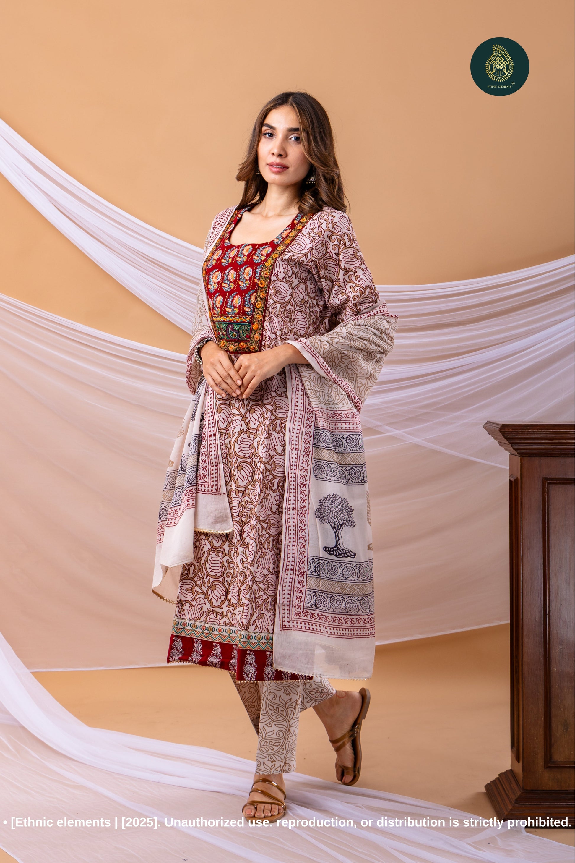 Embroidered Bagh Print Cotton Stitched 3pc Suit Set - Riwaaz
