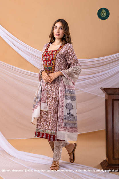 Embroidered Bagh Print Cotton Stitched 3pc Suit Set - Riwaaz