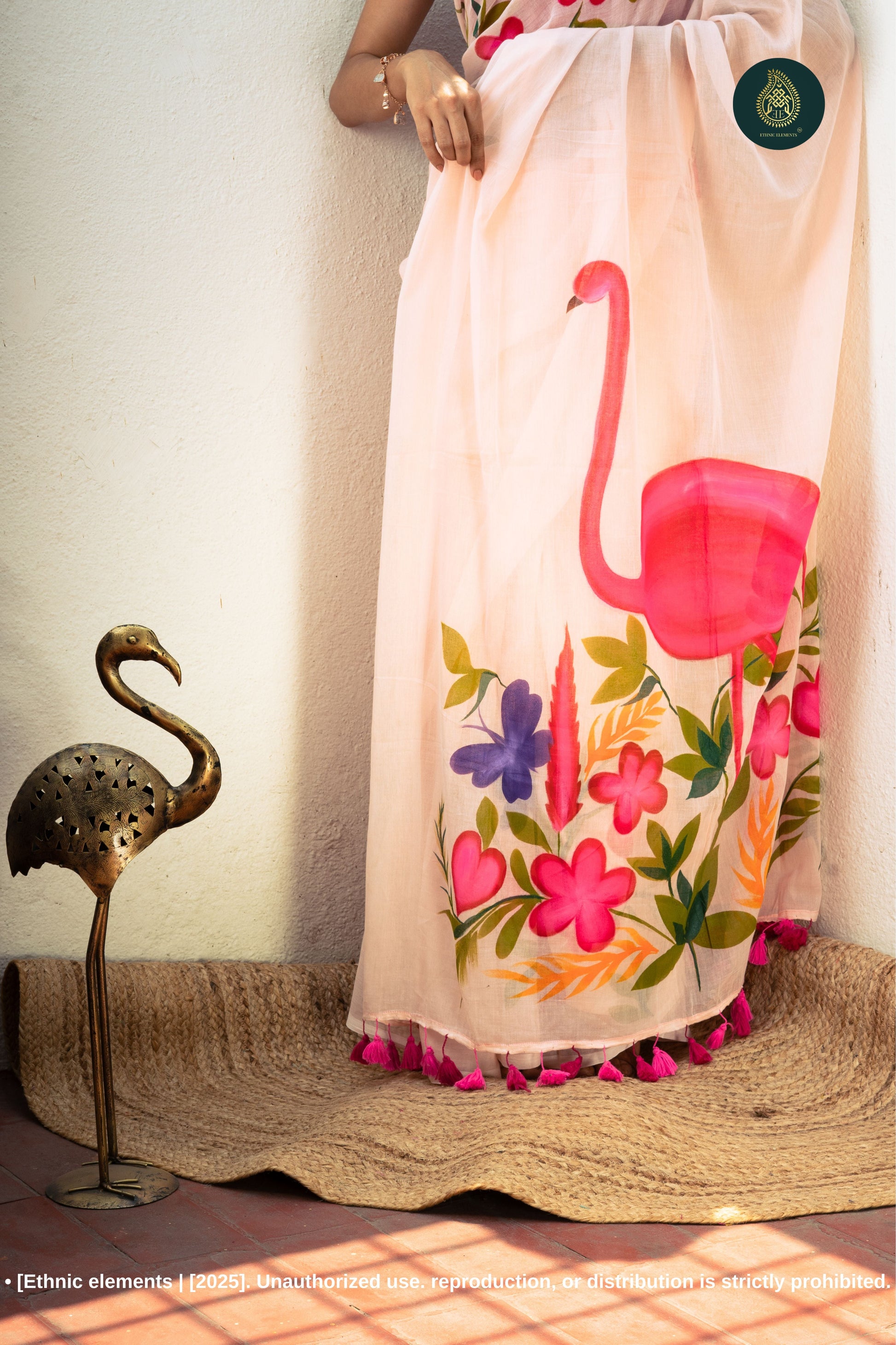 Chitramay - Hand Painted Mul Cotton Saree - Gulabi Rajhans