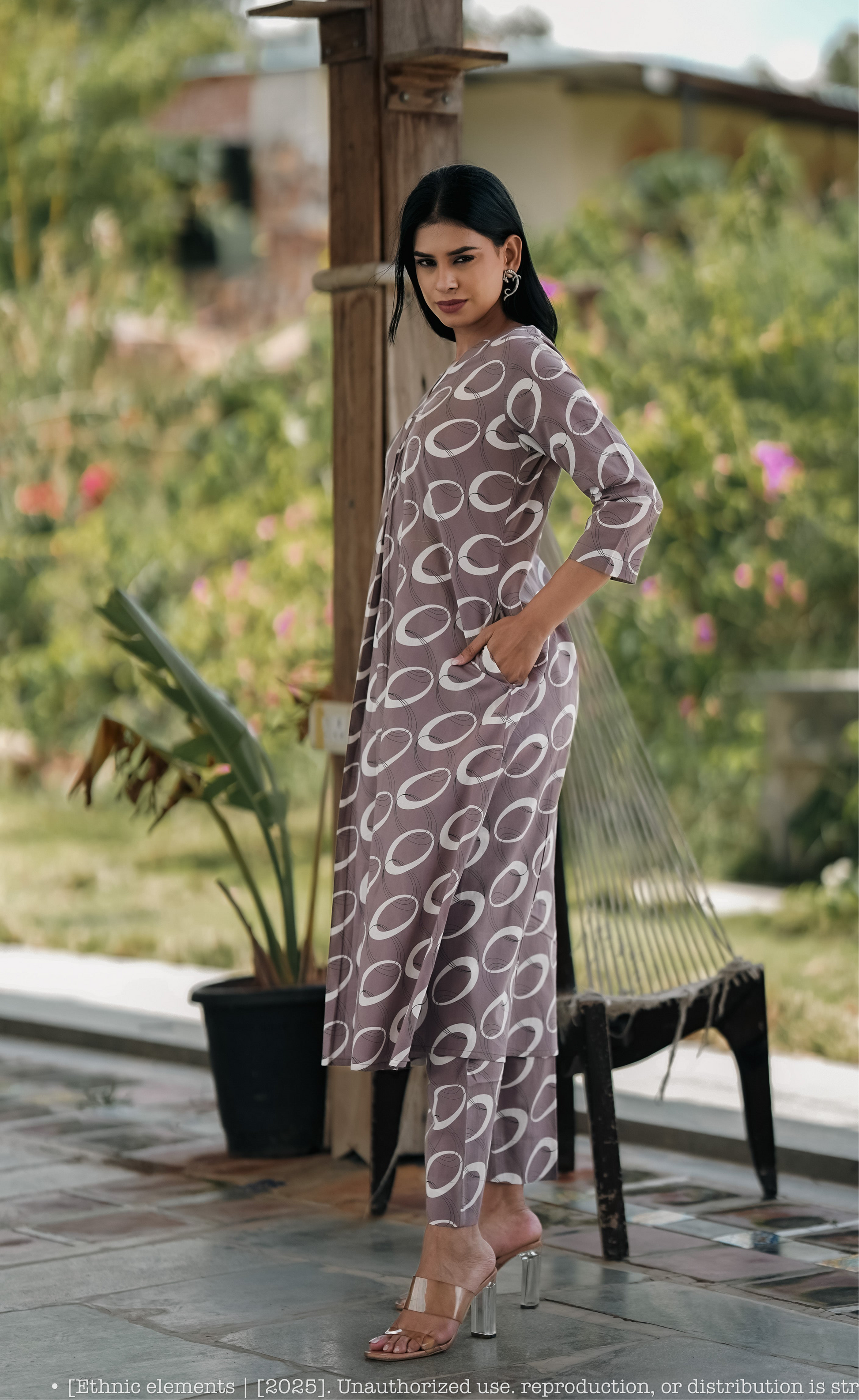 Stitched 2Pc Cotton Suit Set - Mocha Ring