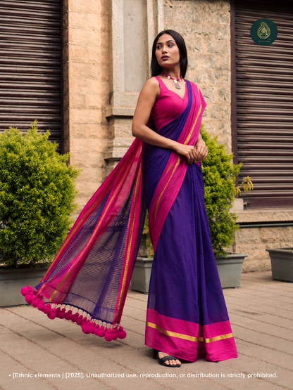 Mul Cotton Saree With Contrast Border Zari Aura - Raag Jamun