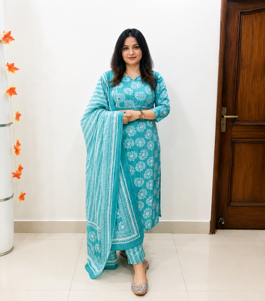 A woman modeling a teal blue ethnic three-piece suit with white floral prints and a matching dupatta, standing in a room with a white wall and a wooden door.
