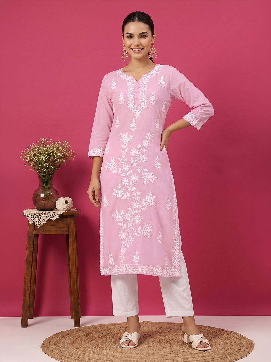 Janasya Women's Light Pink Pure Cotton Embroidered Straight Kurta