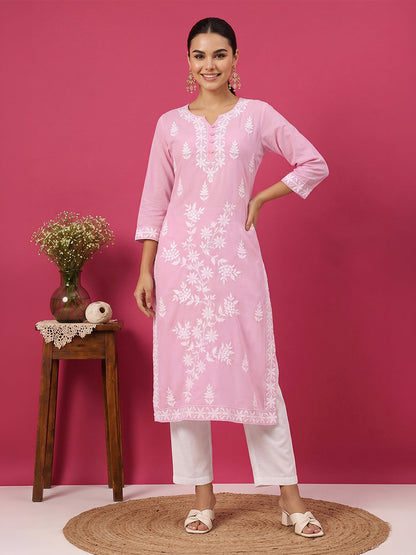 Janasya Women's Light Pink Pure Cotton Embroidered Straight Kurta