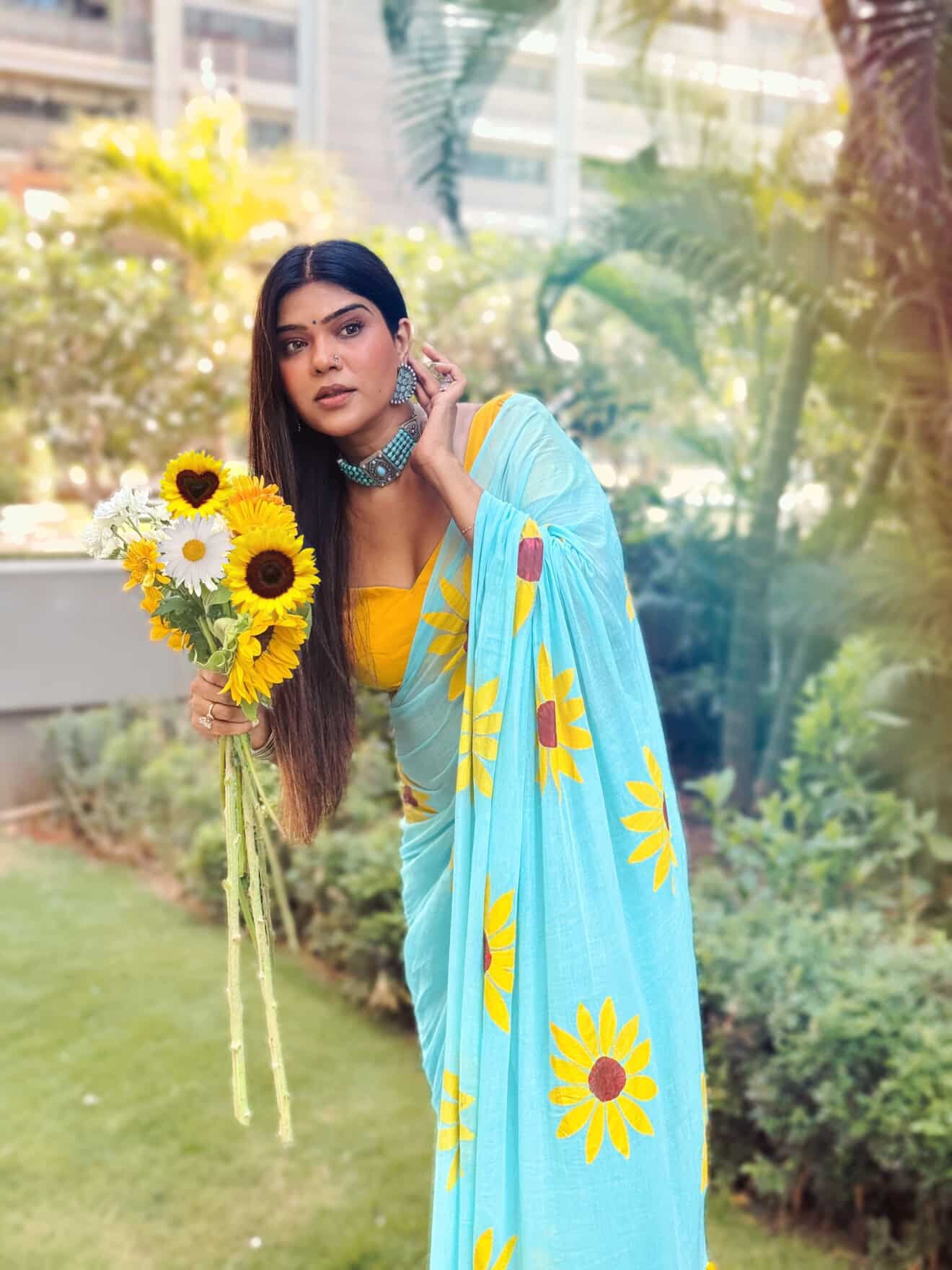 Mul Cotton Hand Painted Saree - Baby Blue Sunflower