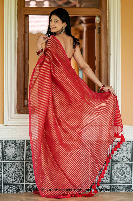 Mul Cotton Tissue Red And Gold Striped Saree