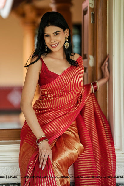 Mul Cotton Tissue Red And Gold Striped Saree