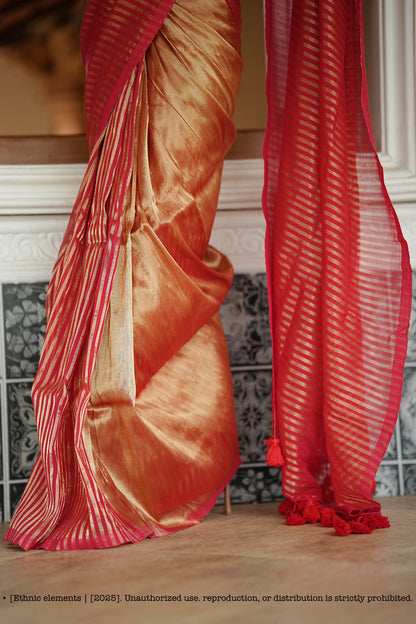 Mul Cotton Tissue Red And Gold Striped Saree