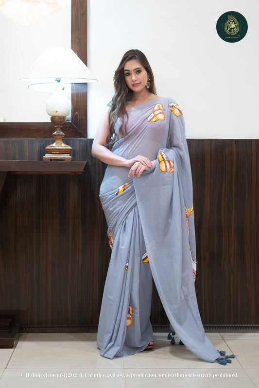Pebble Grey Hand Painted Mul Cotton Saree