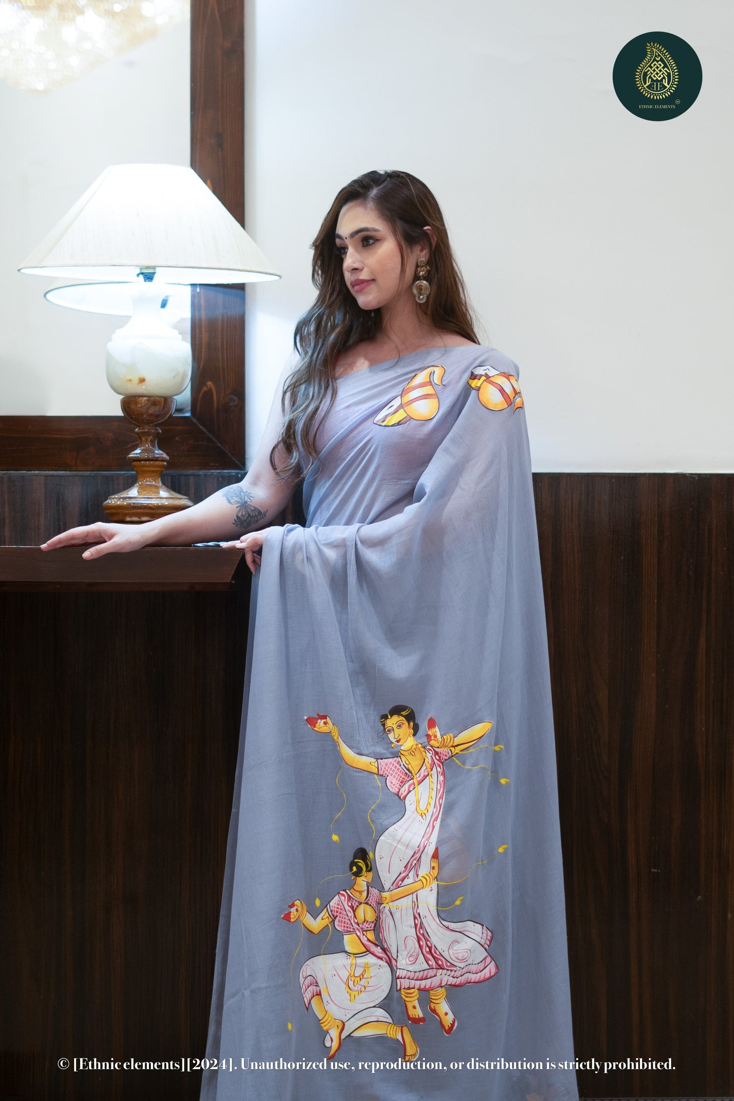 Pebble Grey Hand Painted Mul Cotton Saree