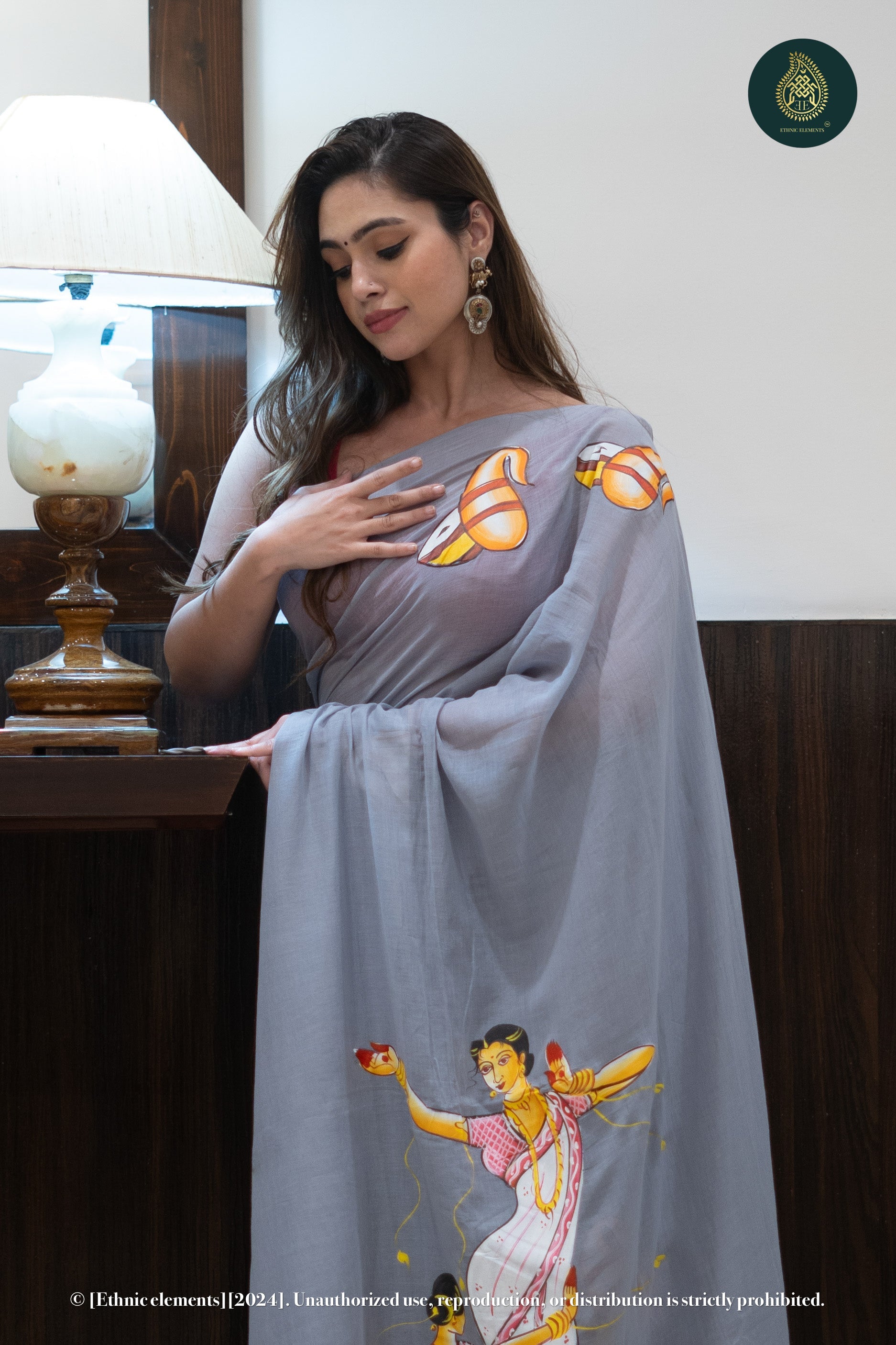 Pebble Grey Hand Painted Mul Cotton Saree