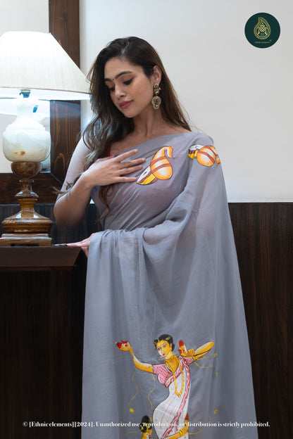 Pebble Grey Hand Painted Mul Cotton Saree