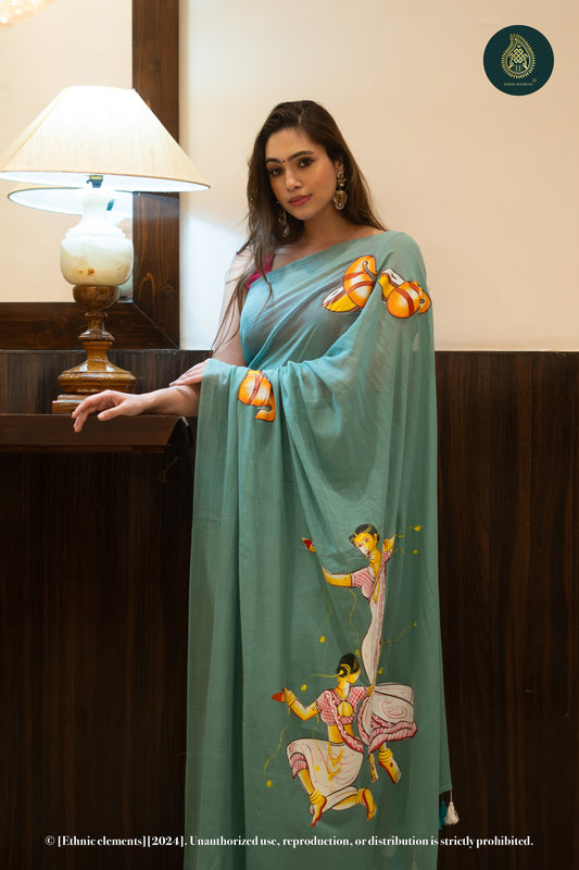 Mermaid'S Dream Hand Painted Mul Cotton Saree