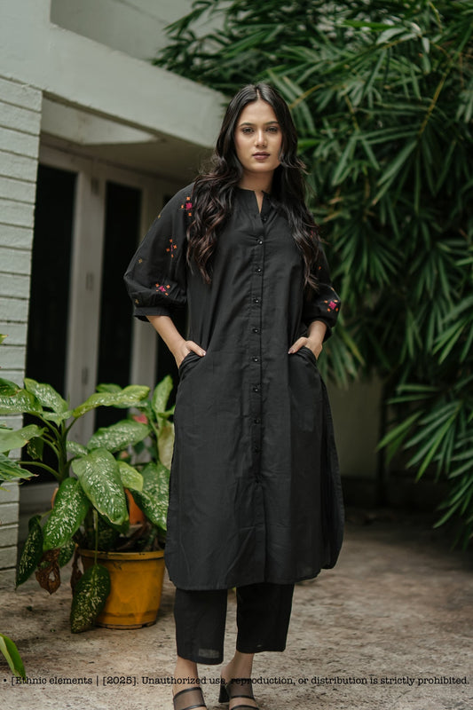 Black Stitched 2Pcs Handloom Cotton Set - Raag