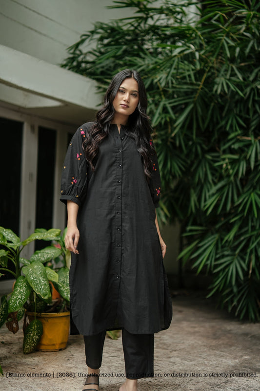 Black Stitched 2Pcs Handloom Cotton Set - Raag