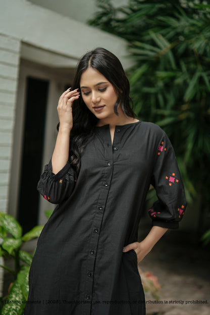 Black Stitched 2Pcs Handloom Cotton Set - Raag