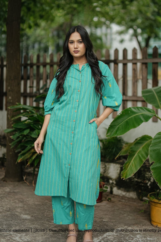 Stitched 2Pc Handloom Cotton Set - Turquoise Neelira
