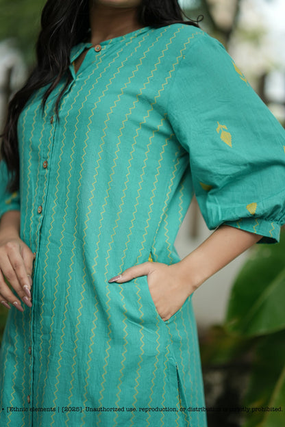 Stitched 2Pc Handloom Cotton Set - Turquoise Neelira