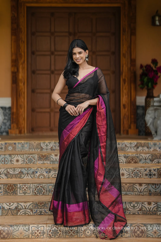 Black Mul Cotton Tissue Black Saree