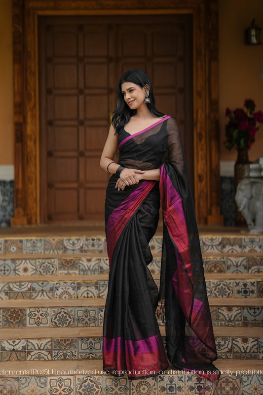 Black Mul Cotton Tissue Black Saree