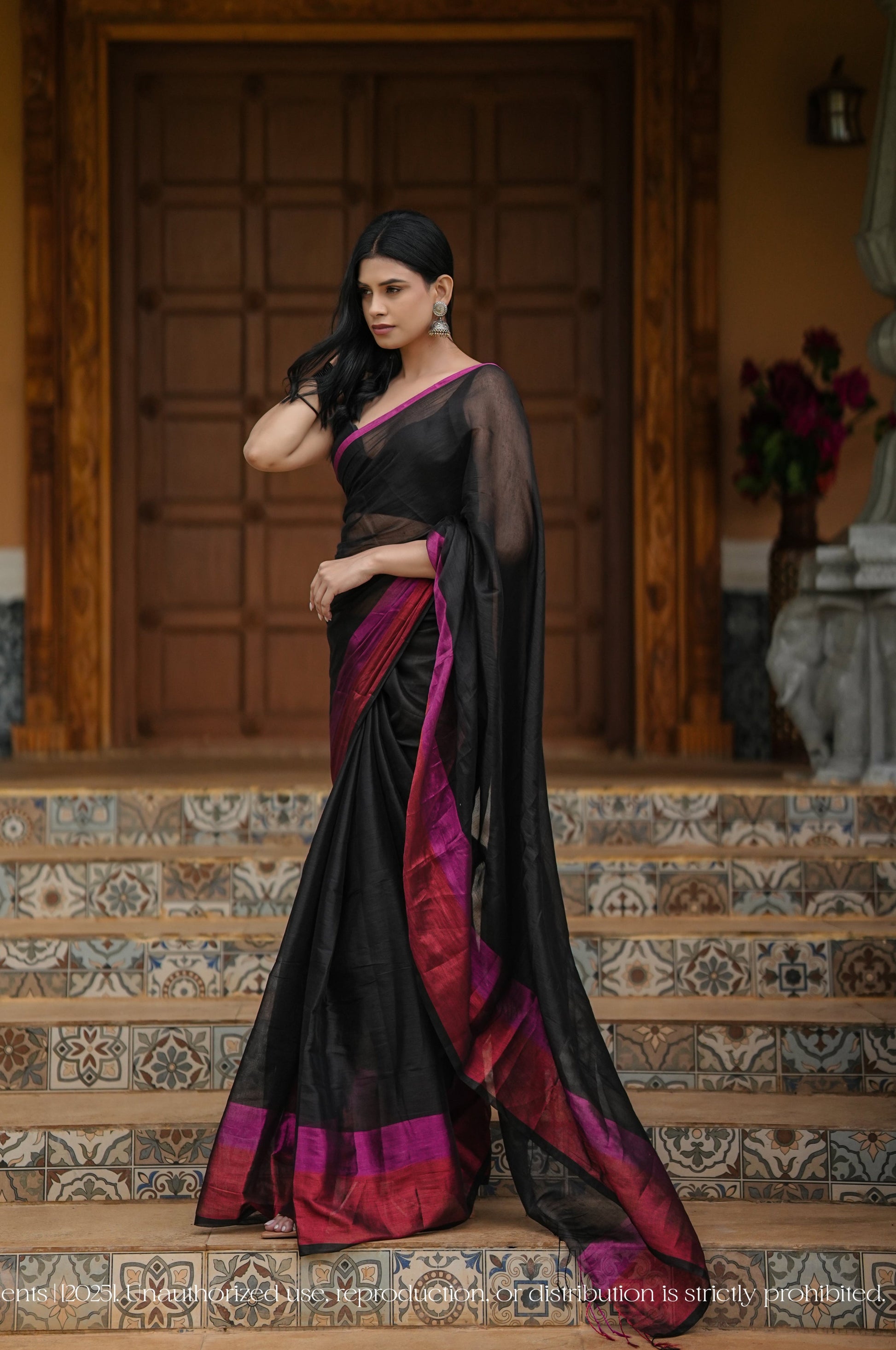 Black Mul Cotton Tissue Black Saree