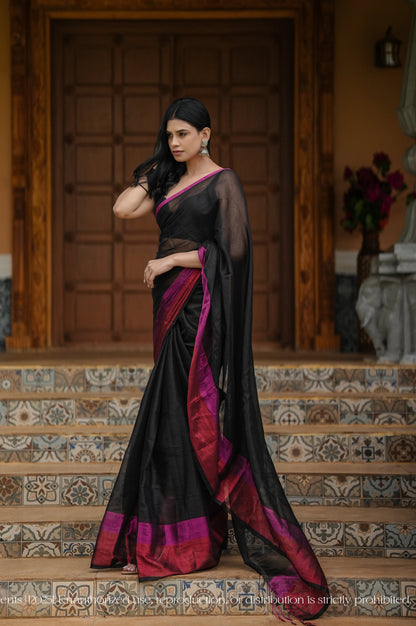 Black Mul Cotton Tissue Black Saree